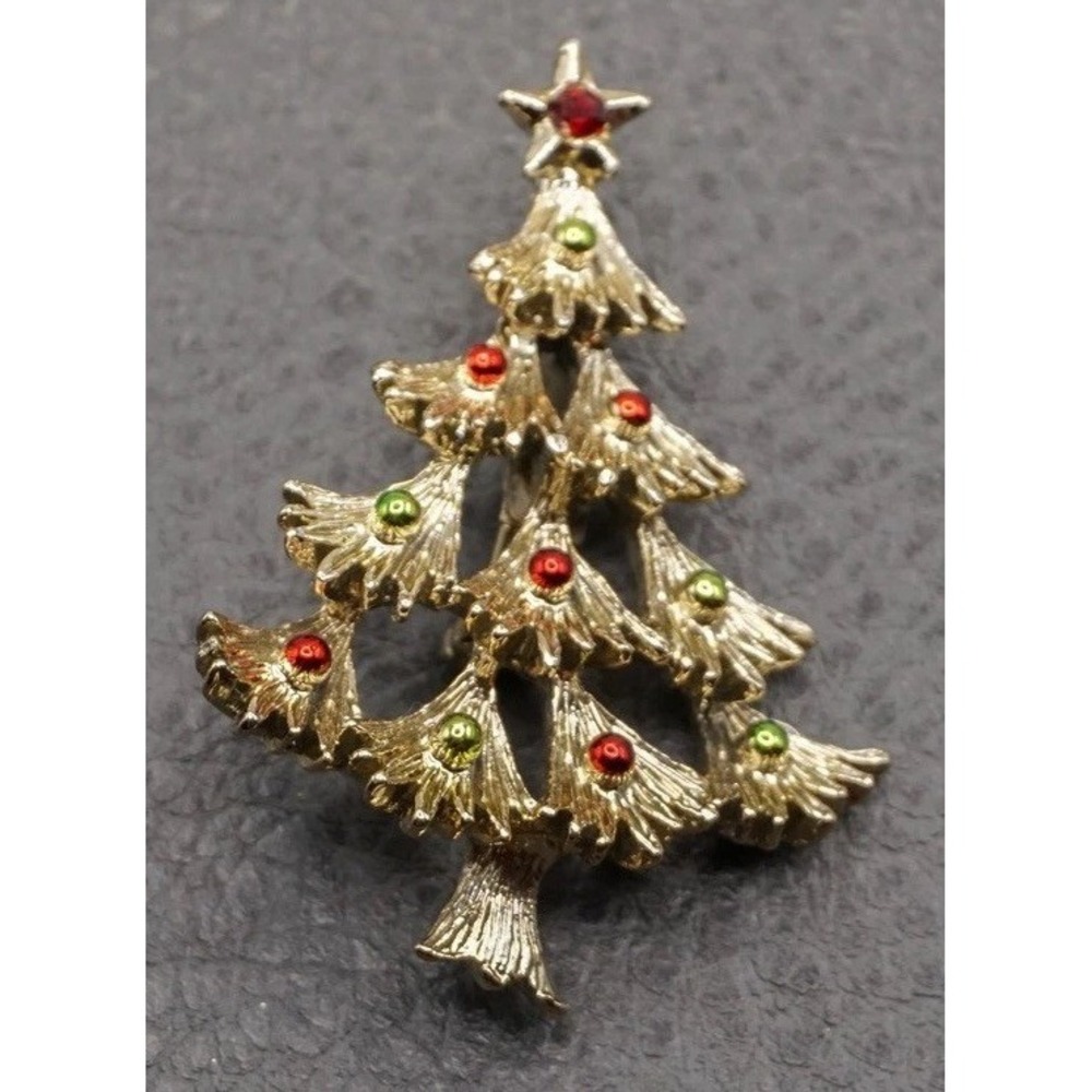 Christmas Tree Brooch Red Green Rhinestone Gold Tone